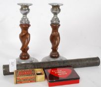 A mixed lot to include a pair of barley twist and silver plated candle sticks,