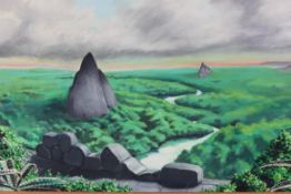 A oil on canvas painting depicting a riv