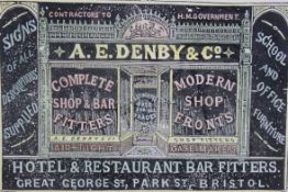 A lithograph print of a shop advertising