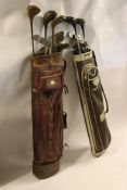 Two vintage golf bags with a quantity of
