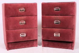A retro / vintage 1970's / 1980's  pair of upholstered pink velour fabric  bedside chest of drawers