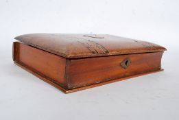 A Victorian inlaid straw work writing box with brass plaque to top being unengraved,