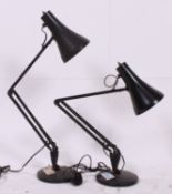 2 20th century Industial Herbert Terry anglepoise lamps in black having pendant shades with