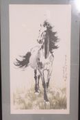 A Chinese 20th century large vintage framed horse painting print with artists signature / character