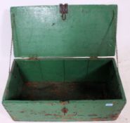 A vintage mid century green painted pine work / tool box having hinged top above with clasp