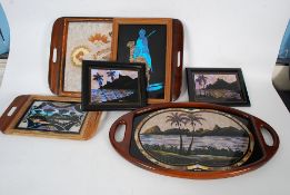 A collection of early - mid century butterfly wing inlaid trays / pictures,