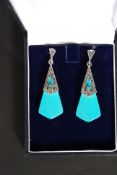 A pair of 925 silver Marcasite and Turquoise art deco style earrings. Weight: 10.2g GW.