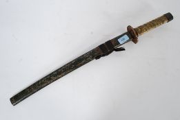 A Japanese WWII period short sword with metal shagreen sheath,