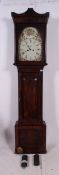 A 19th century flame mahogany grandfather clock with painted face and 8 day movement,