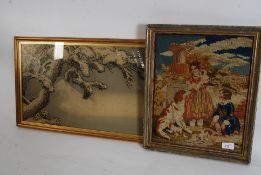 A 19th century framed and glazed silk panel of Mount Fuji together with a framed and glazed Berlin