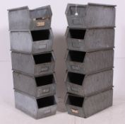 A collection of 10 Industrial vintage - retro galvanised metal tote trays.