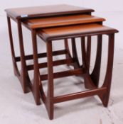 Set of retro teak G-Plan nest of tables, three graduating sizes, with curved legs to sides.