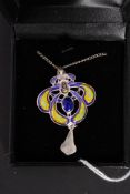 A Silver and Enamel set art nouveau style pendant necklace. Weight: 9.4g.