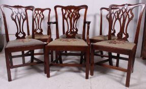 Six nineteenth century Victorian Chippendale Mahogany tapestry upholstered dinning chairs raised on