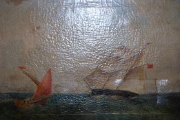 An unsigned 19th century oil on canvas painting of two boats on a sea scape.