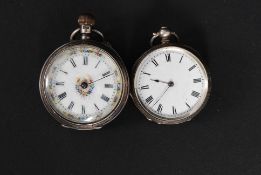 A white metal stamped 'fine silver ' miniature enamel faced pocket watch, along with another,