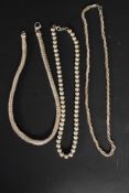 A collection of three white metal (925) / silver necklaces - to include one of beaded design,