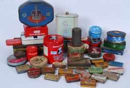 A collection of vintage tins from the 20th century mainly consisting of tea caddies having oriental