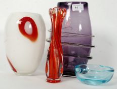 GLASS; A collection of studio glass to include a Murano style vase, blue tint glass apple dish,