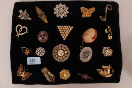 A collection of 20x costume jewellery brooches to include cameo, inset stone and others.