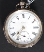 An antique silver hallmarked cased pocket watch, with notation to the enamel dial for H.