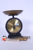 A mixed lot to include a set of vintage Salter scales, silver plate cases, motorcycle grease guns,