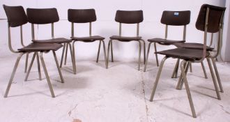 A set of 1950's ply panel wood and tubular metal childrens school stacking chairs.