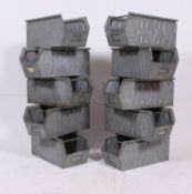 A collection of 10x industrial retro aluminium Space Saver pressed tote trugs / stacking boxes.