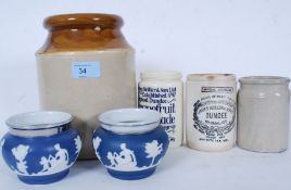 A collection of stoneware items to include an antique James Keiller & Son of Dundee Marmalade jar,