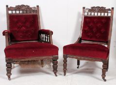 A Victorian set of ladies and gentlemans Chesterfield Library armchair raised on turned legs with