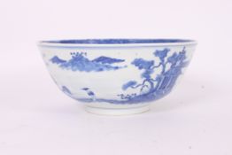 A 19th century blue and white Chinese willow pattern bowl - one man and a bridge bearing 4