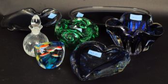 A collection of studio art glass to include bowls of two tone colours, ashtray, scent bottle,