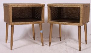 A pair of fabulous 1950's retro gilded whicker style Lloyd Loom bedside tables raised on tapered