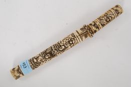 20th century carved scrimshaw worked bone knife, depicting traditional oriental scenes.