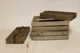 A vintage wooden crate along with Two wooden Trugs with leather handles.