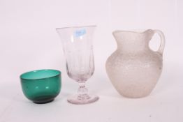 A 20th century pink tinge celery glass together with a pressed crackle glass pitcher and another
