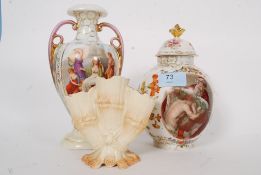 Two continental porcelain Meissen style vases, along with a Royal Ivory trio tulip vase.