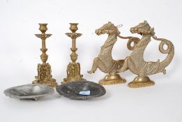 A pair of large heavy brass Chinese horse dragon ( Longma ) ornaments both being mounted on brass