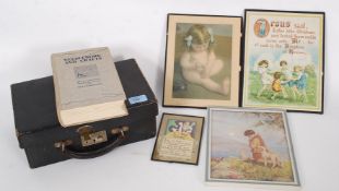 A vintage childs suitcase being silk lined, along with a vintage needlework book, various prints,