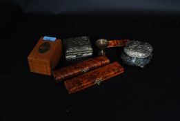 A Mauchlin wooden Mousehole - Cornwall money box together with a Japanese white metal cigarette box