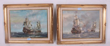 A pair of 20th century framed oil on canvas paintings of maritime scenes-signed P Thomas.