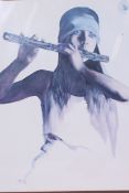A retro framed and glazed large watercolour print of a hippy playing a flute signed to the corne