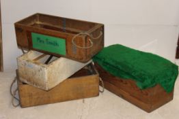 A collection of 3 wooden school tote trays / storage boxes with rope handles together with a pine