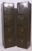 A pair of four sectional Military mid Century lockers each with drop down shelf inside and name