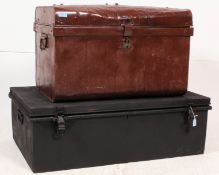 A Victorian large ebonised metal steamer trunk chest with hinged top and metal clasps together with