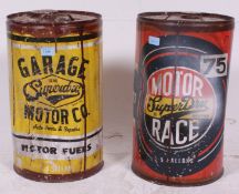 2 vintage style Superdry oil canisters / barrels of shabby chic painted / dented form,