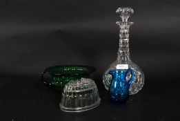 A good quality cut glass decanter together with a green glass potty bowl,