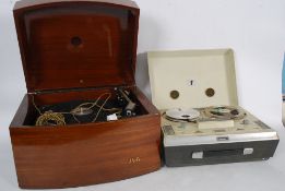 A 1950's Pye Black box mahogany record player having Garrard desk together with a vintage reel to