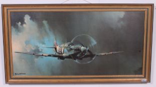 A framed Barrie A F Clarkprint of a Spitfire in flight along with other military aviation prints.