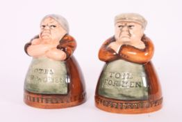 Two Royal Doulton figurines / salt & pepper pots - D7066 Votes For Men and D7067 Toil For Men.